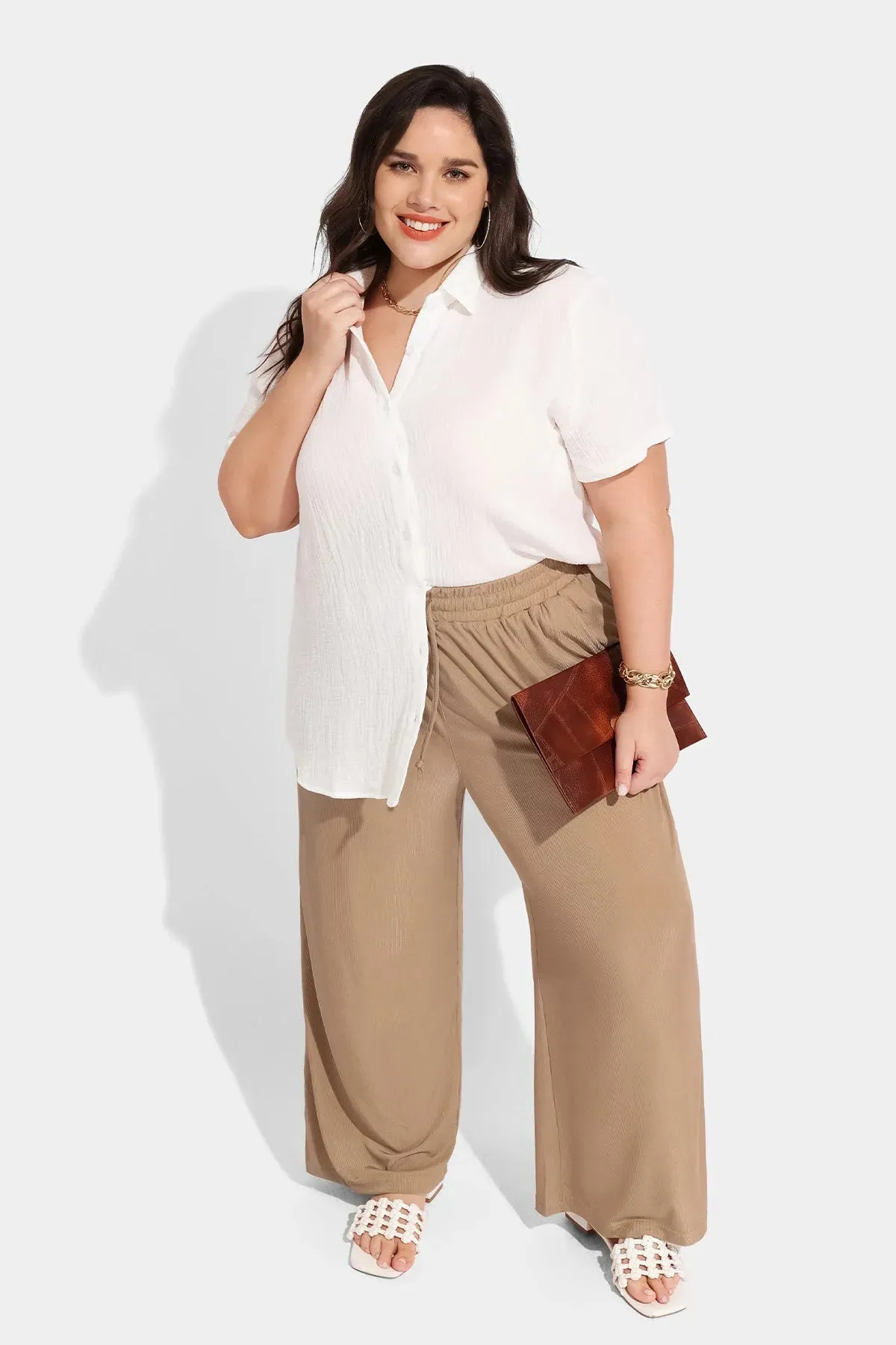 Pocket Solid Drawstring High Waist Wide Leg Pants