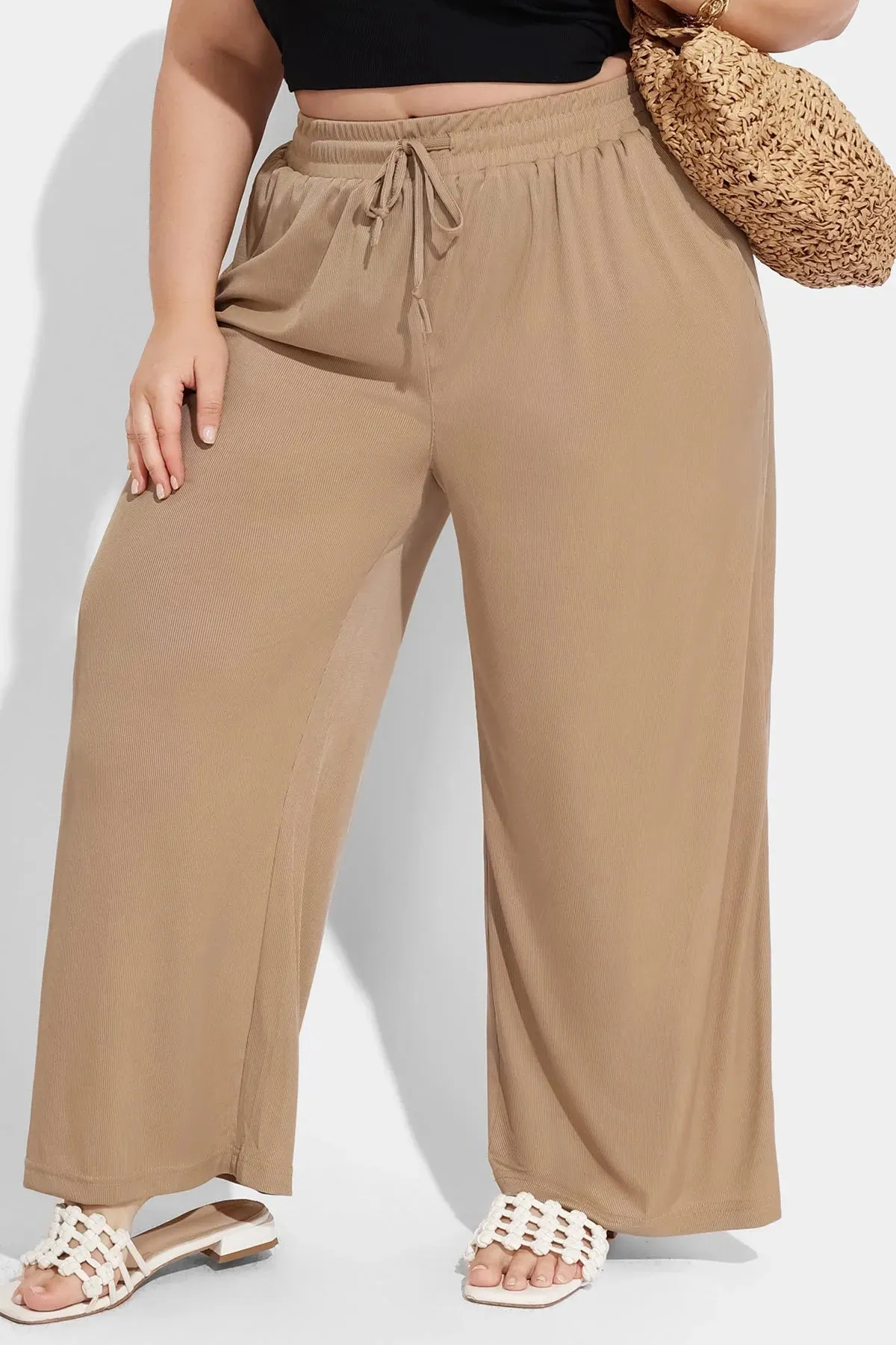 Pocket Solid Drawstring High Waist Wide Leg Pants