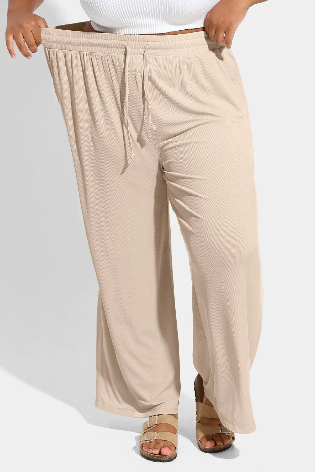 Pocket Solid Drawstring High Waist Wide Leg Pants