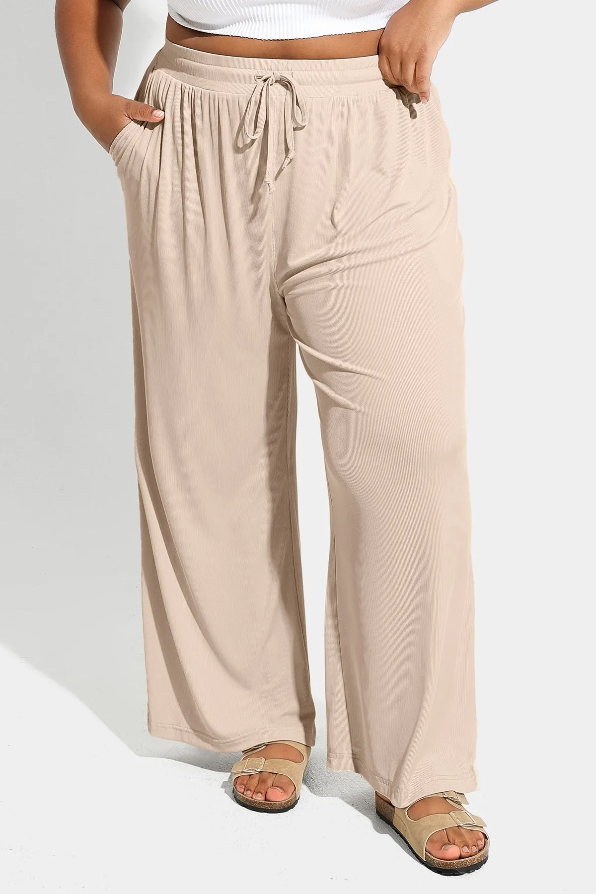 Pocket Solid Drawstring High Waist Wide Leg Pants