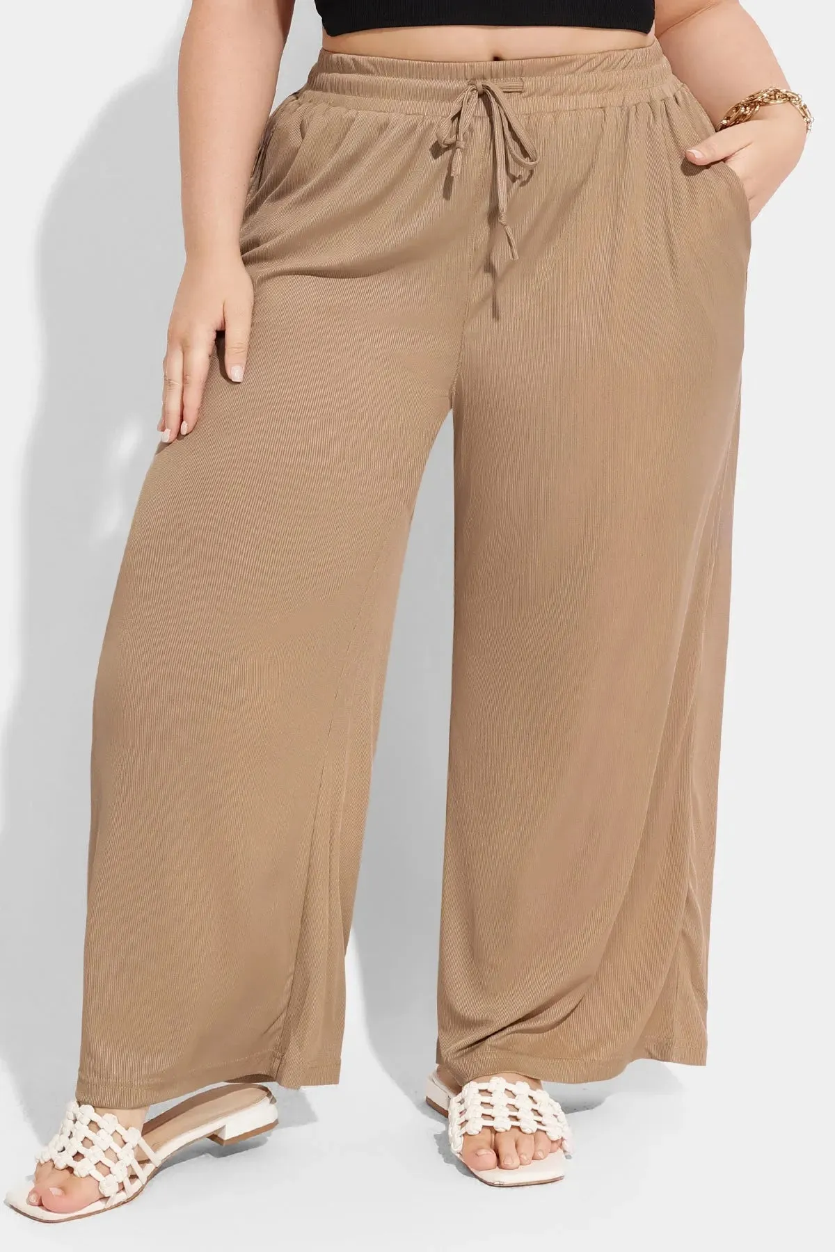 Pocket Solid Drawstring High Waist Wide Leg Pants