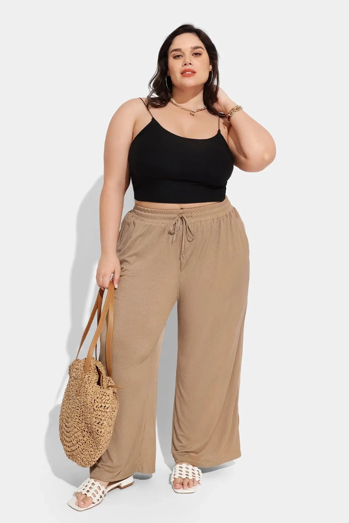 Pocket Solid Drawstring High Waist Wide Leg Pants