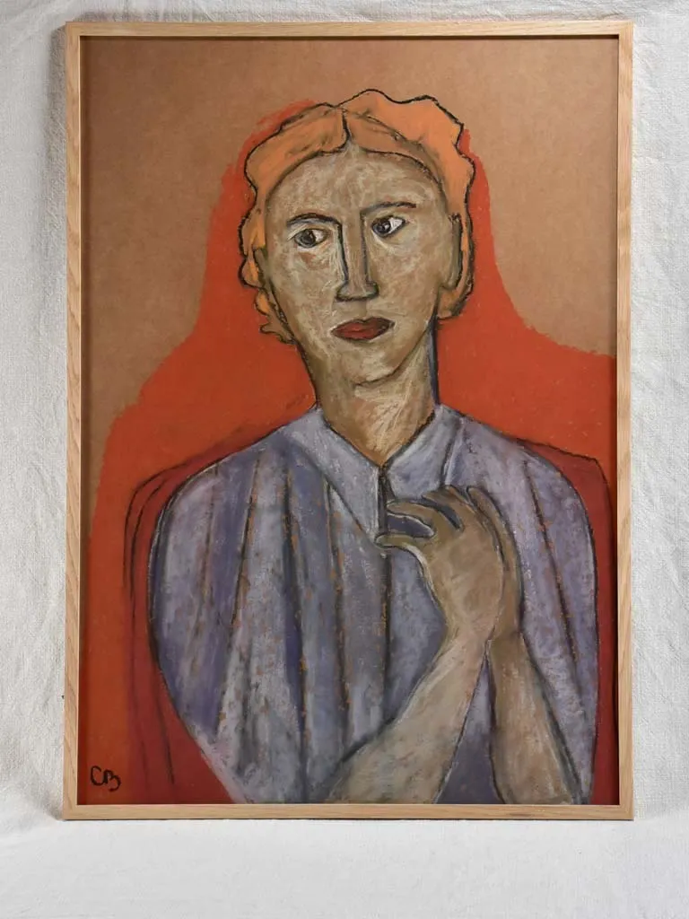 Portrait of a red-head lady in a blue blouse, pastel on paper - Caroline Beauzon 24½ x 33¾""