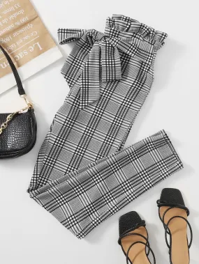 Preppy Plaid Paper Bag Waist High Waist Long Women Pants