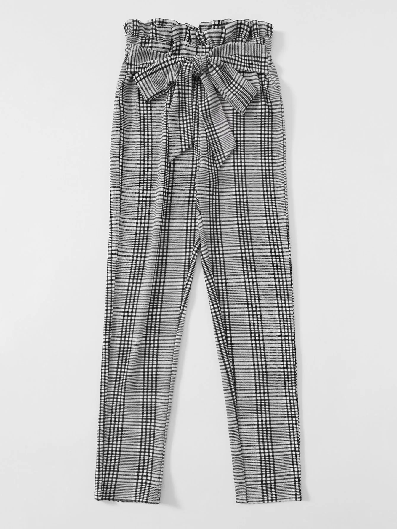 Preppy Plaid Paper Bag Waist High Waist Long Women Pants