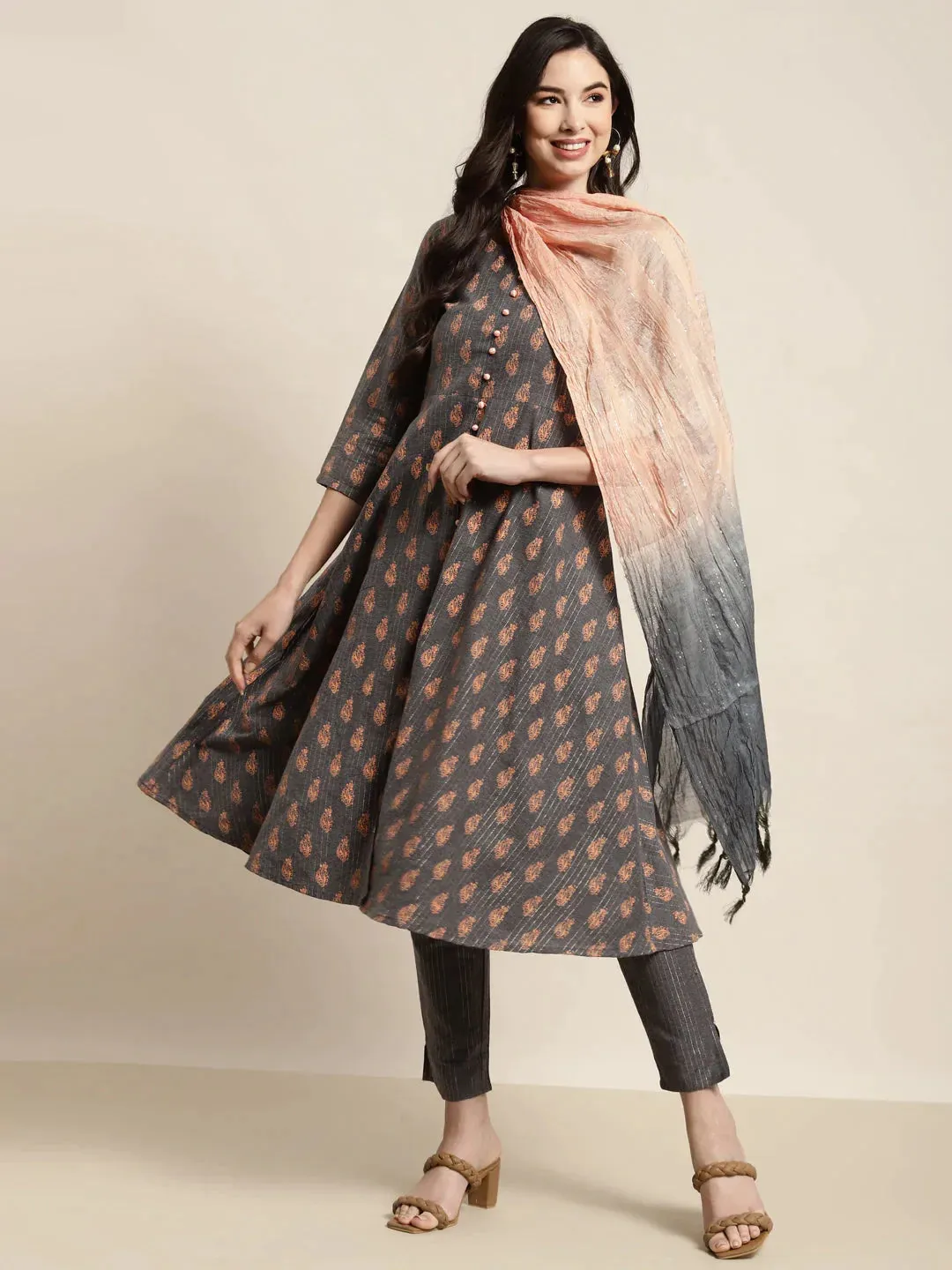 Printed Kurta With Trousers & With Dupatta