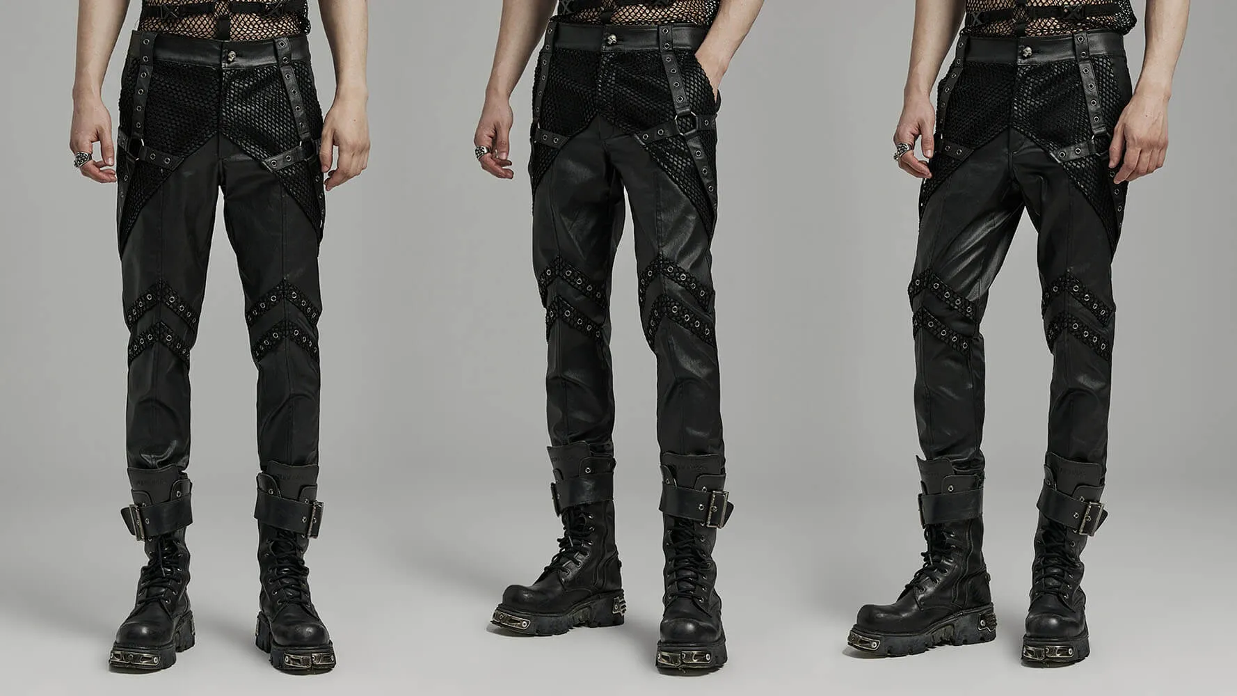 Punk Studded Mesh-Insert Leather Pants for Men