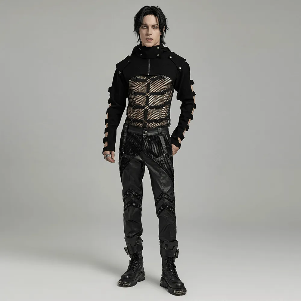 Punk Studded Mesh-Insert Leather Pants for Men