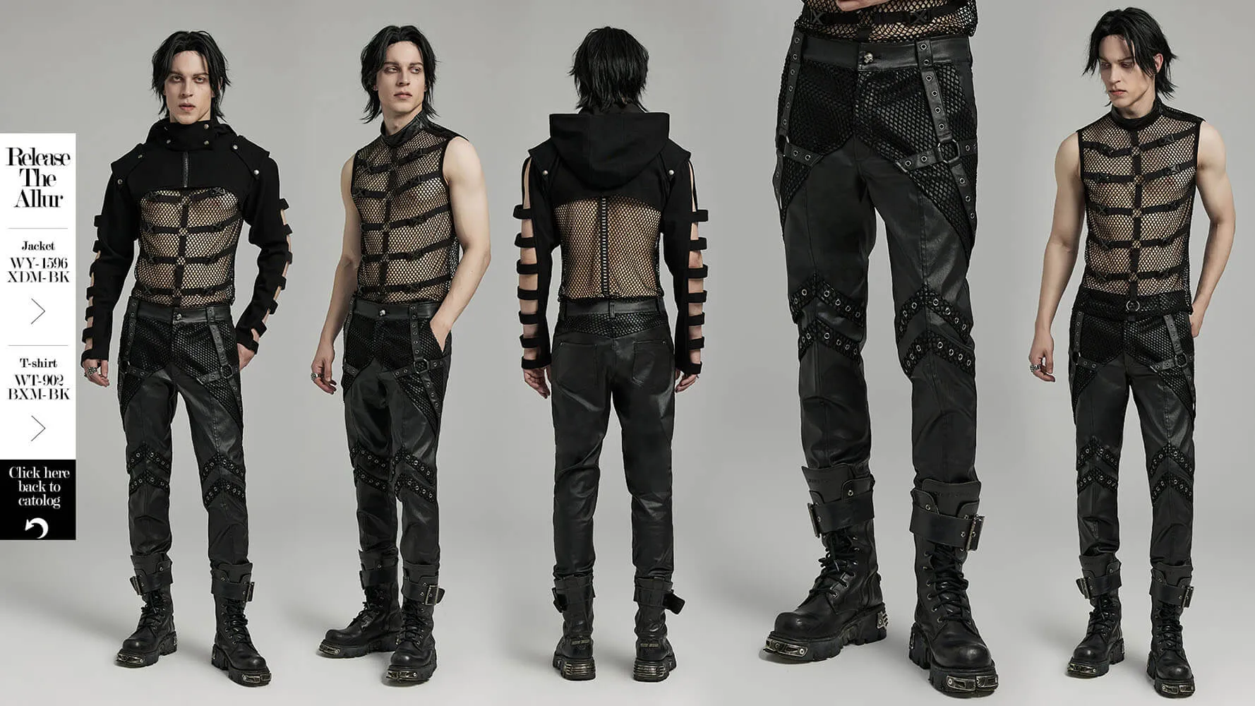 Punk Studded Mesh-Insert Leather Pants for Men