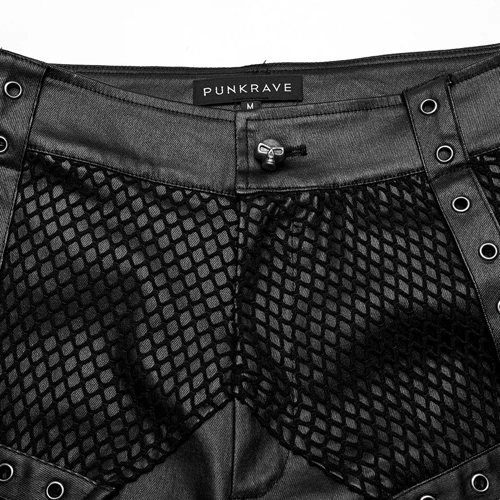 Punk Studded Mesh-Insert Leather Pants for Men