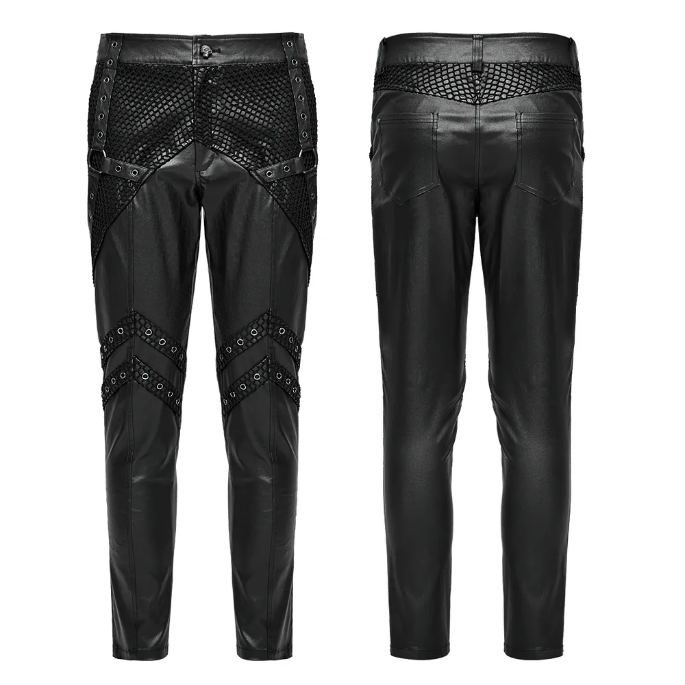 Punk Studded Mesh-Insert Leather Pants for Men