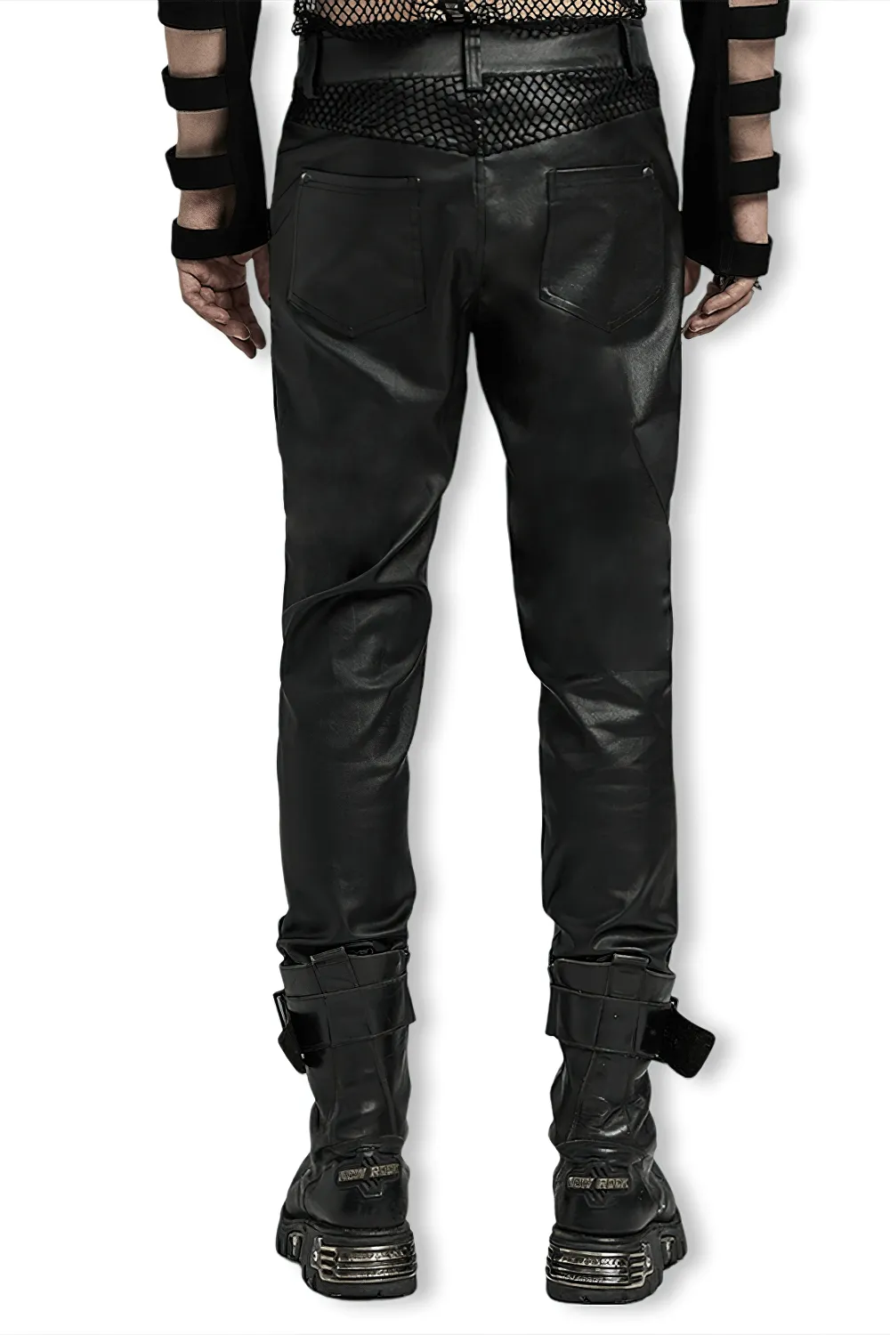 Punk Studded Mesh-Insert Leather Pants for Men