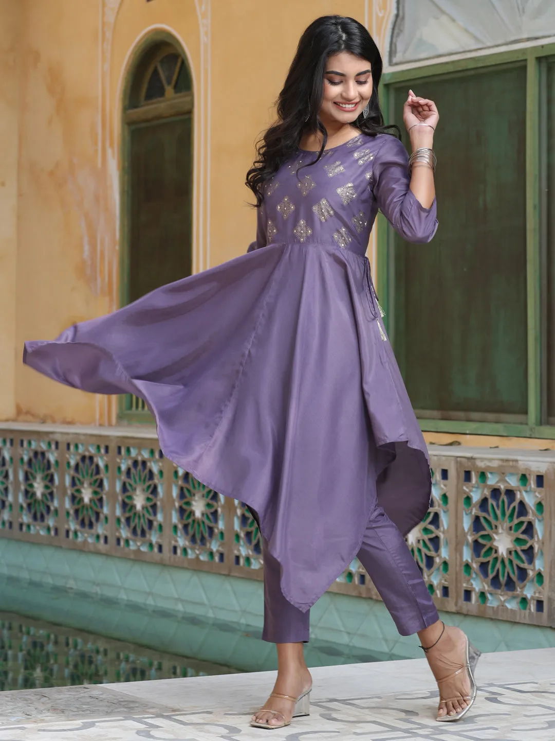 Purple Hankerchief Kurta With Pants