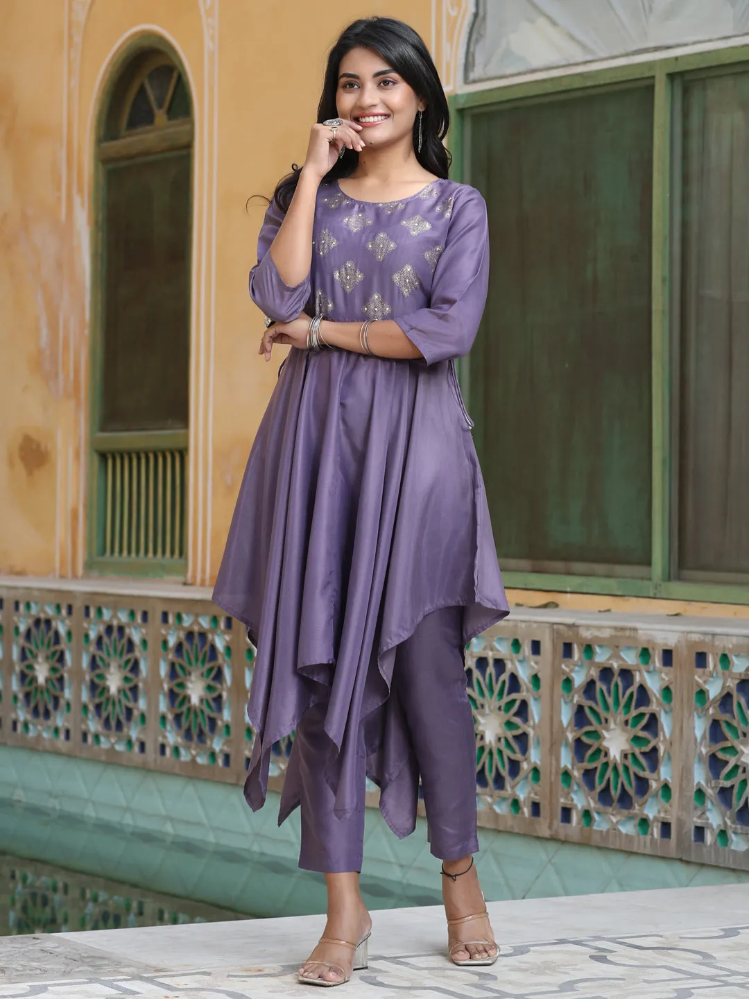 Purple Hankerchief Kurta With Pants