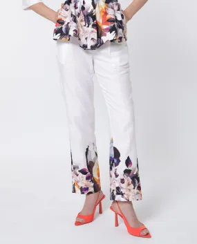 Rareism Women Weigen White Cotton Fabric Relaxed Fit Floral Print Ankle Length Trousers