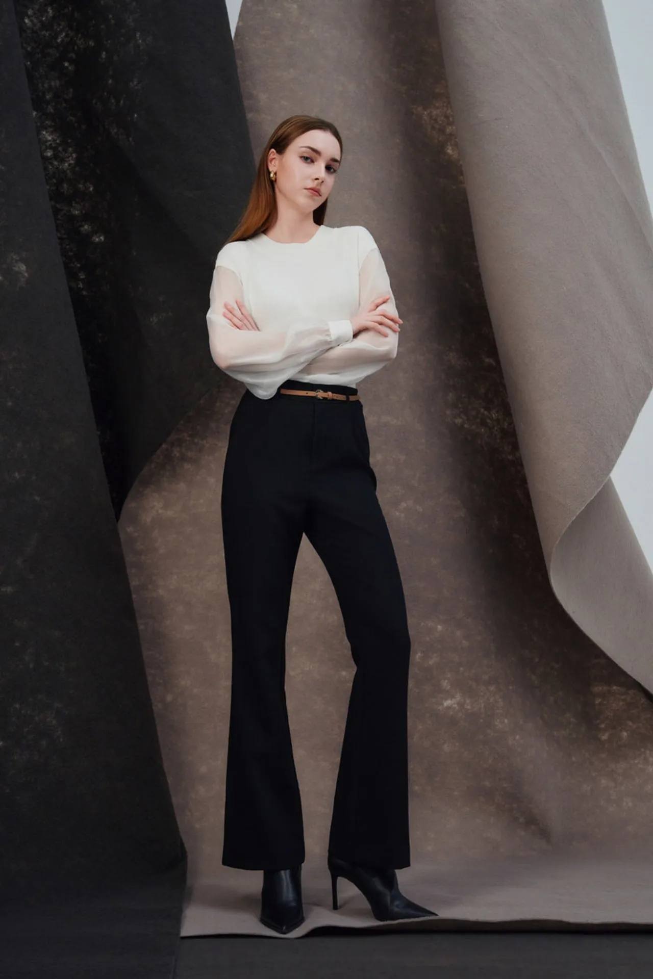 Rayon Blend Flare Leg Pants With Belt