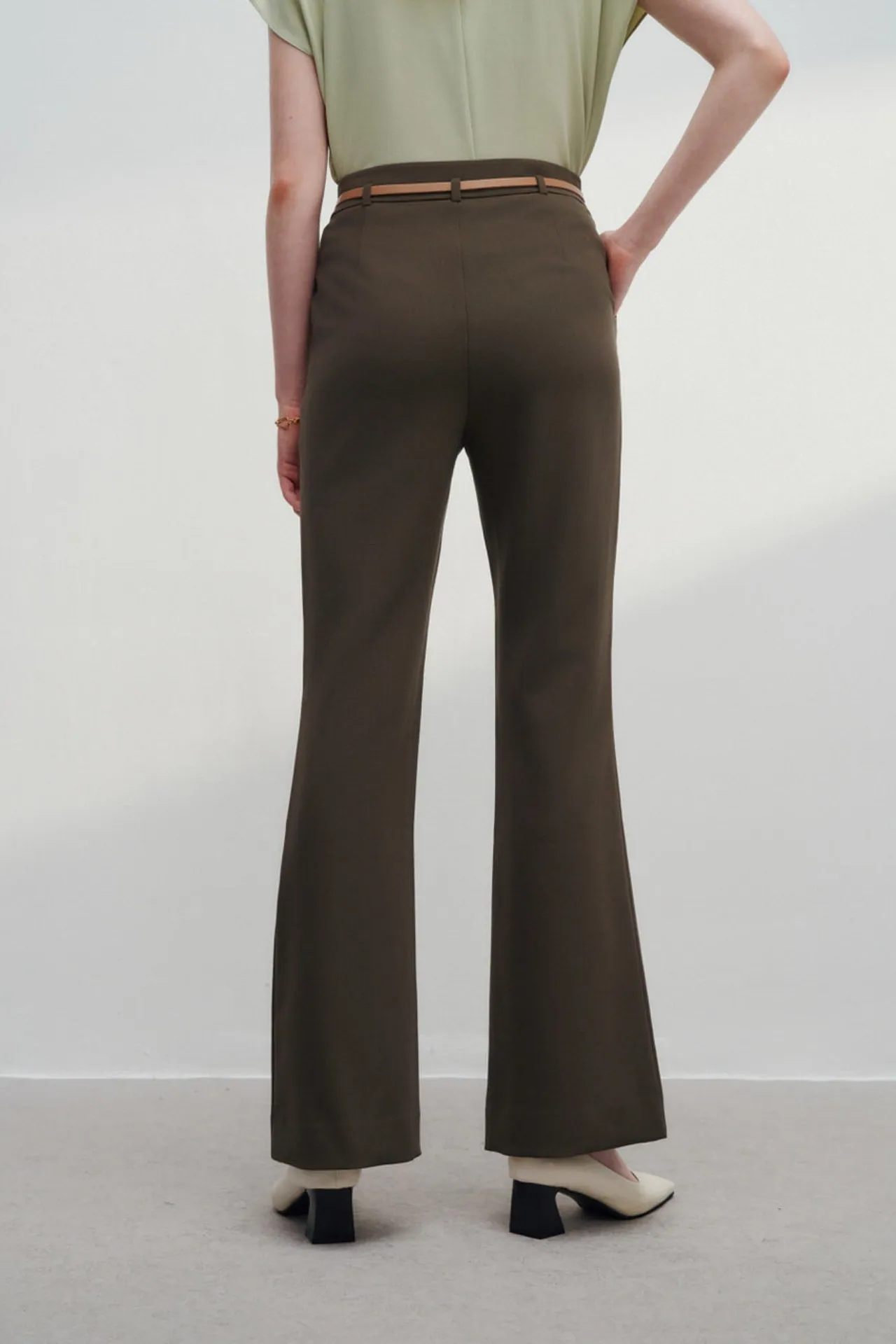 Rayon Blend Flare Leg Pants With Belt