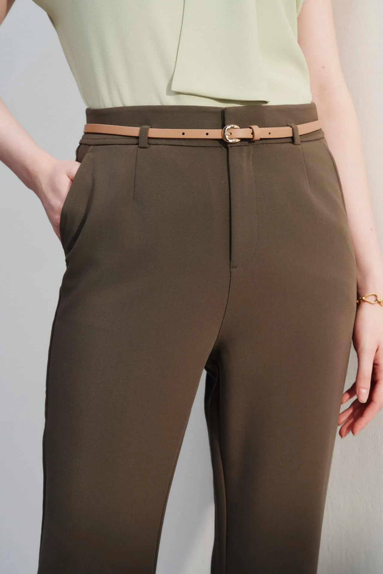 Rayon Blend Flare Leg Pants With Belt