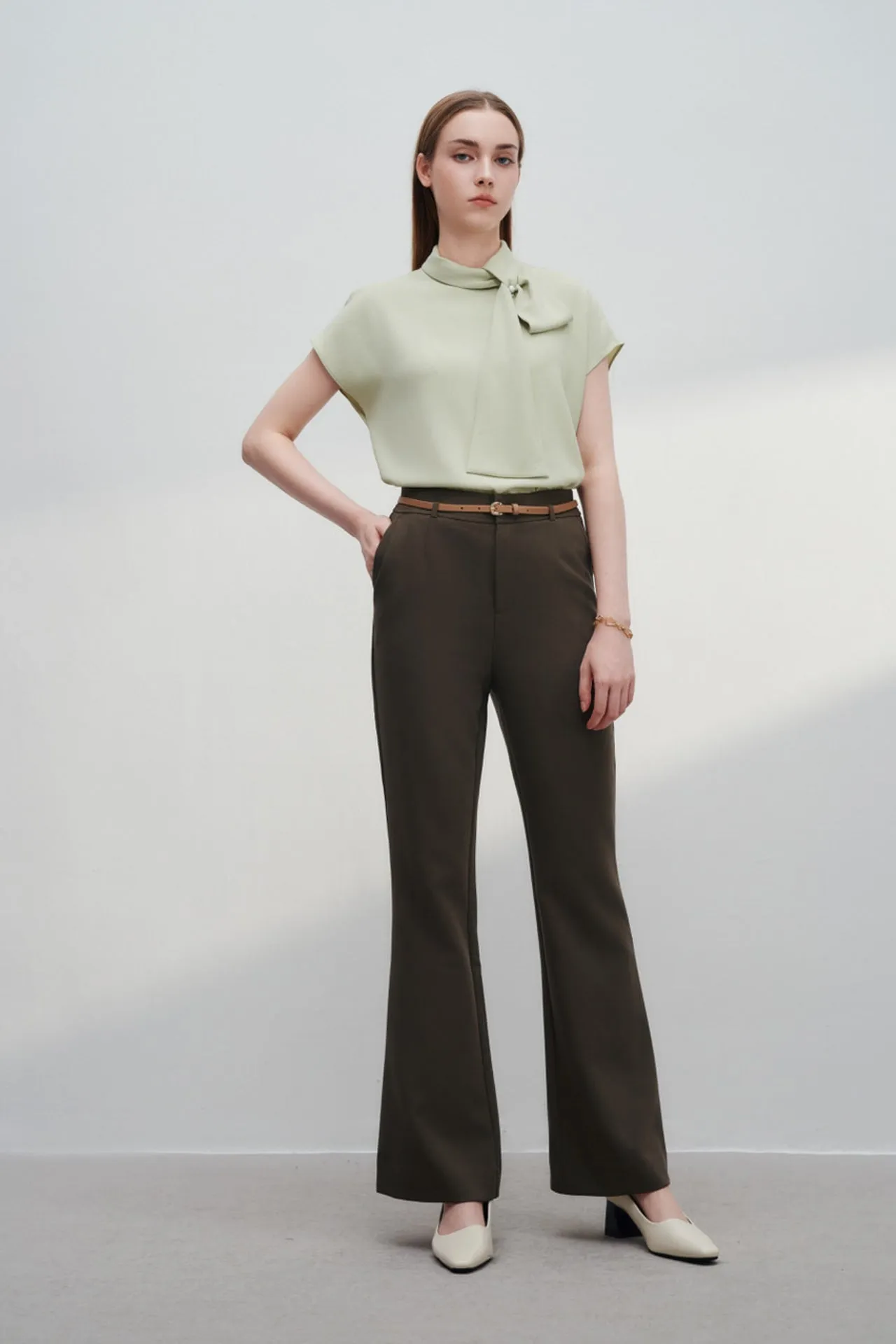 Rayon Blend Flare Leg Pants With Belt