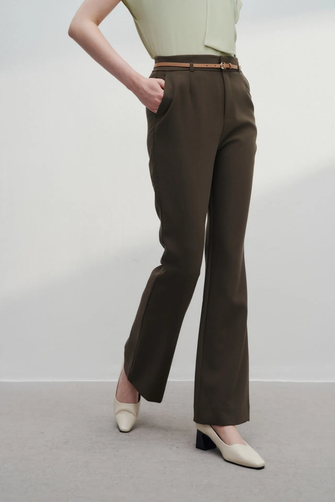 Rayon Blend Flare Leg Pants With Belt