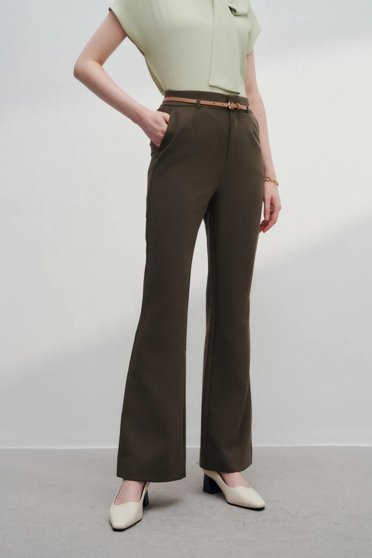 Rayon Blend Flare Leg Pants With Belt