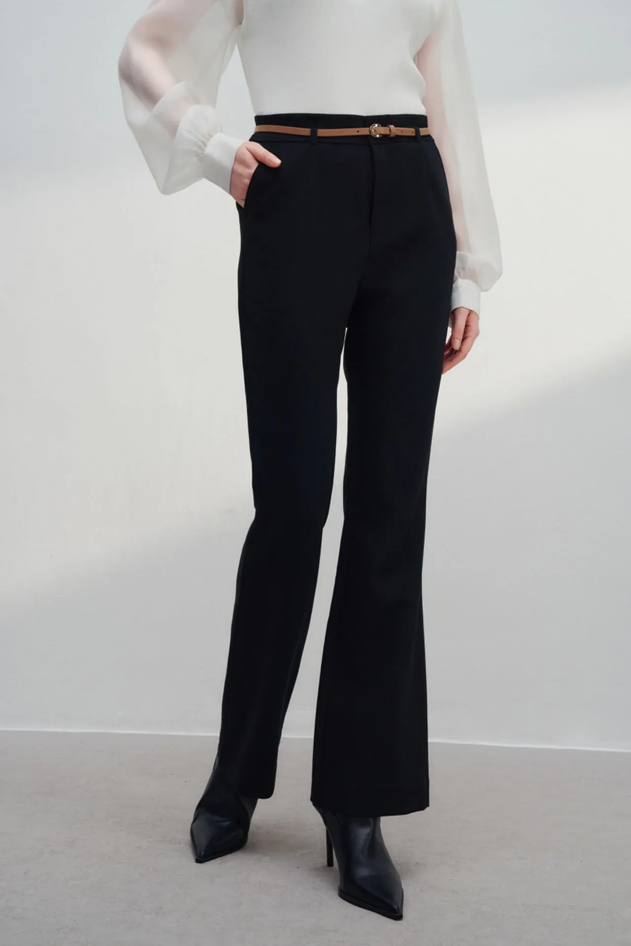 Rayon Blend Flare Leg Pants With Belt