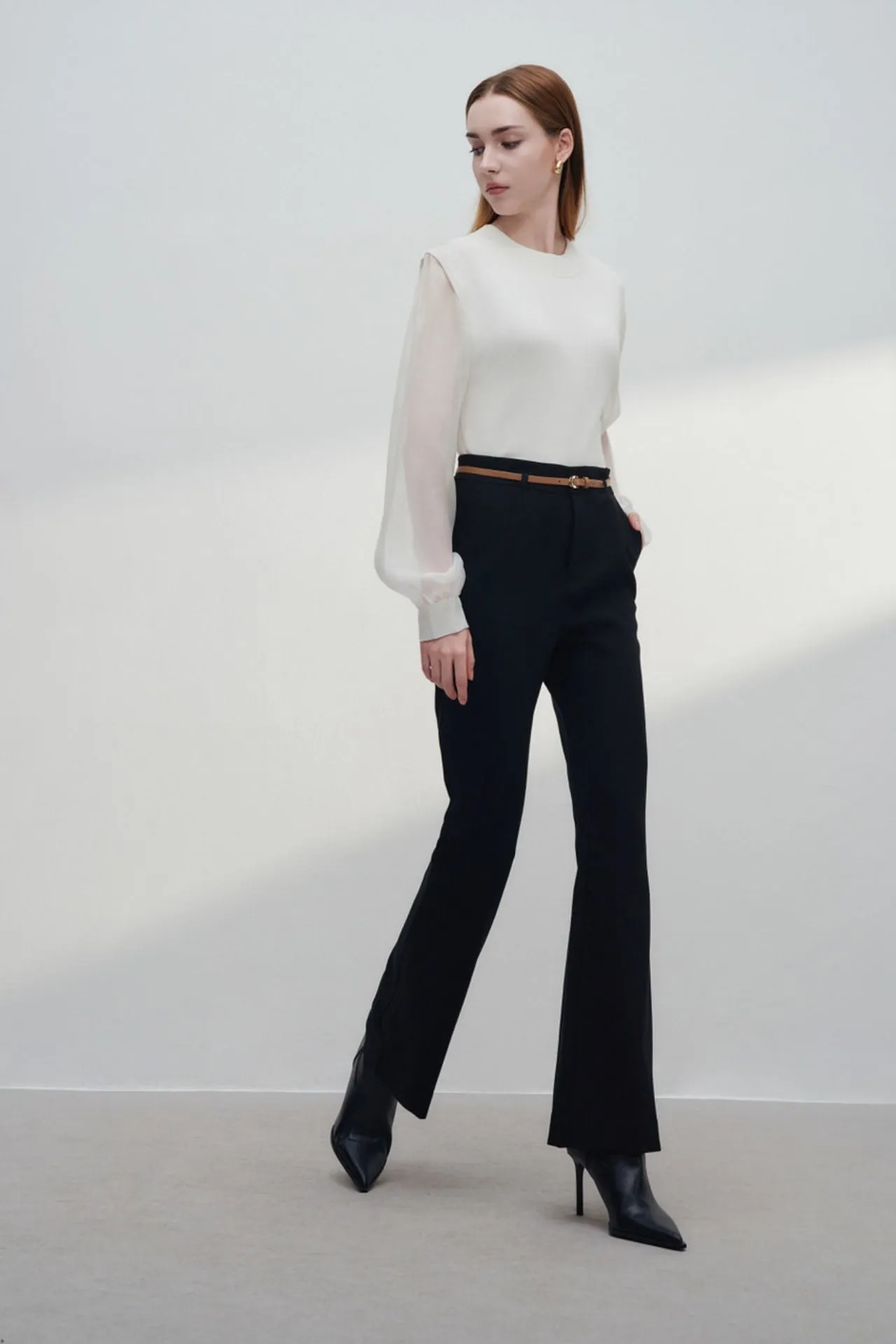 Rayon Blend Flare Leg Pants With Belt