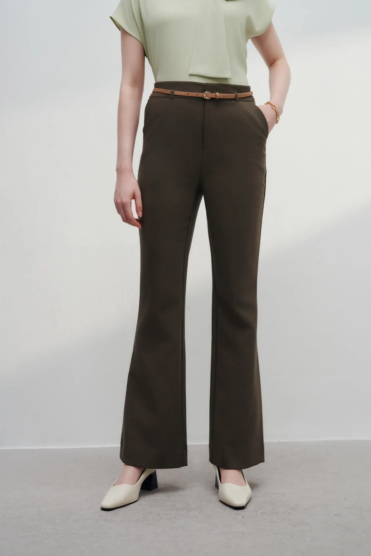 Rayon Blend Flare Leg Pants With Belt