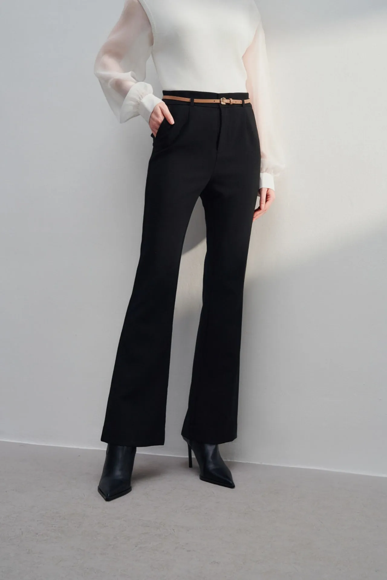 Rayon Blend Flare Leg Pants With Belt