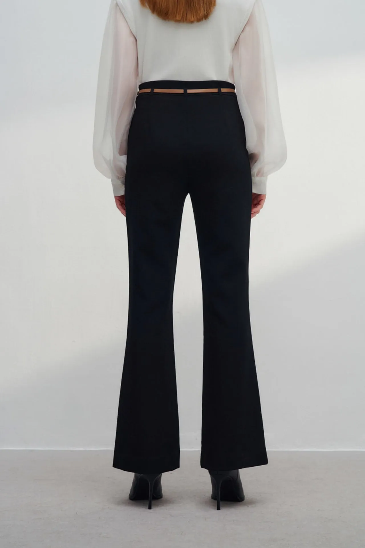 Rayon Blend Flare Leg Pants With Belt