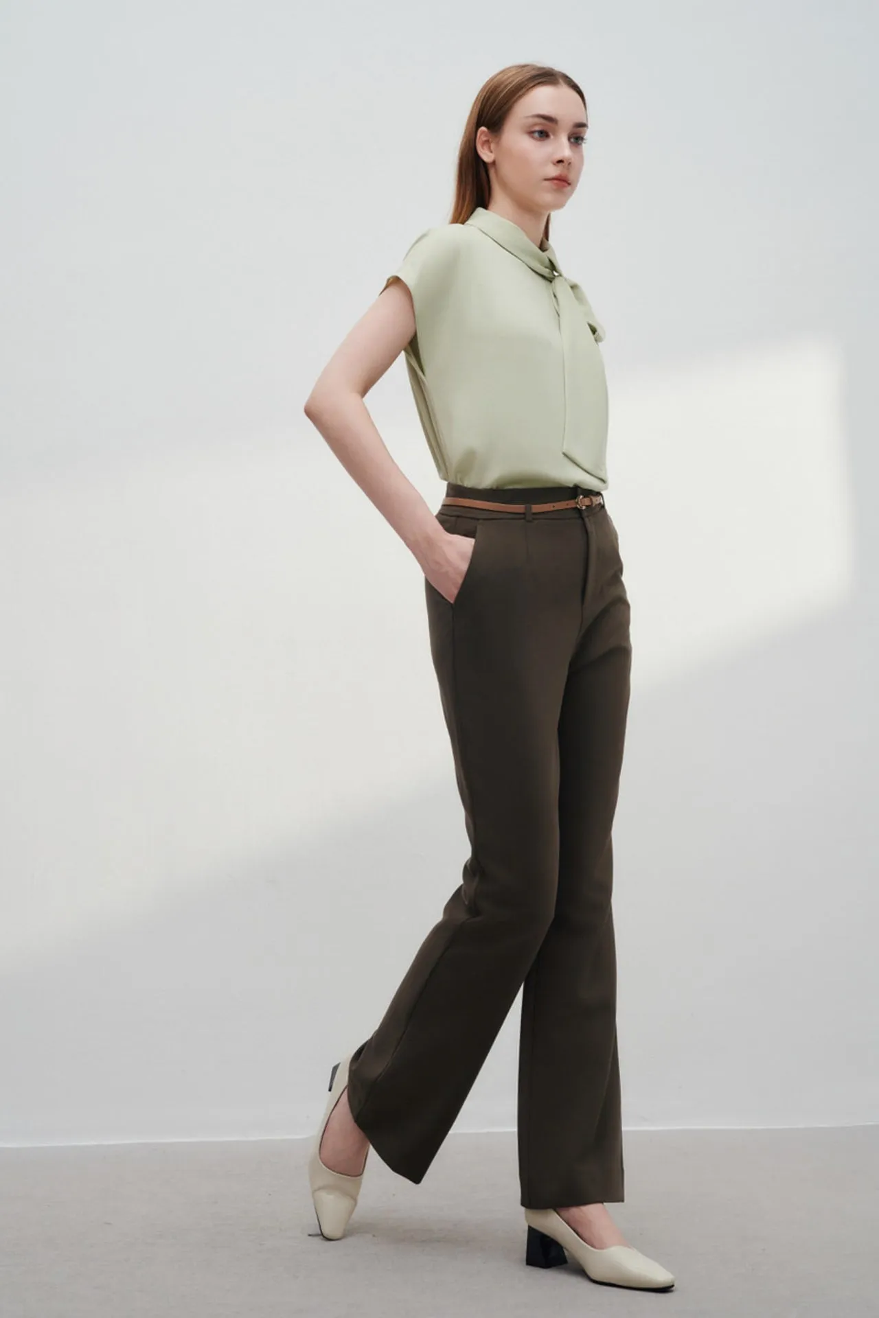 Rayon Blend Flare Leg Pants With Belt