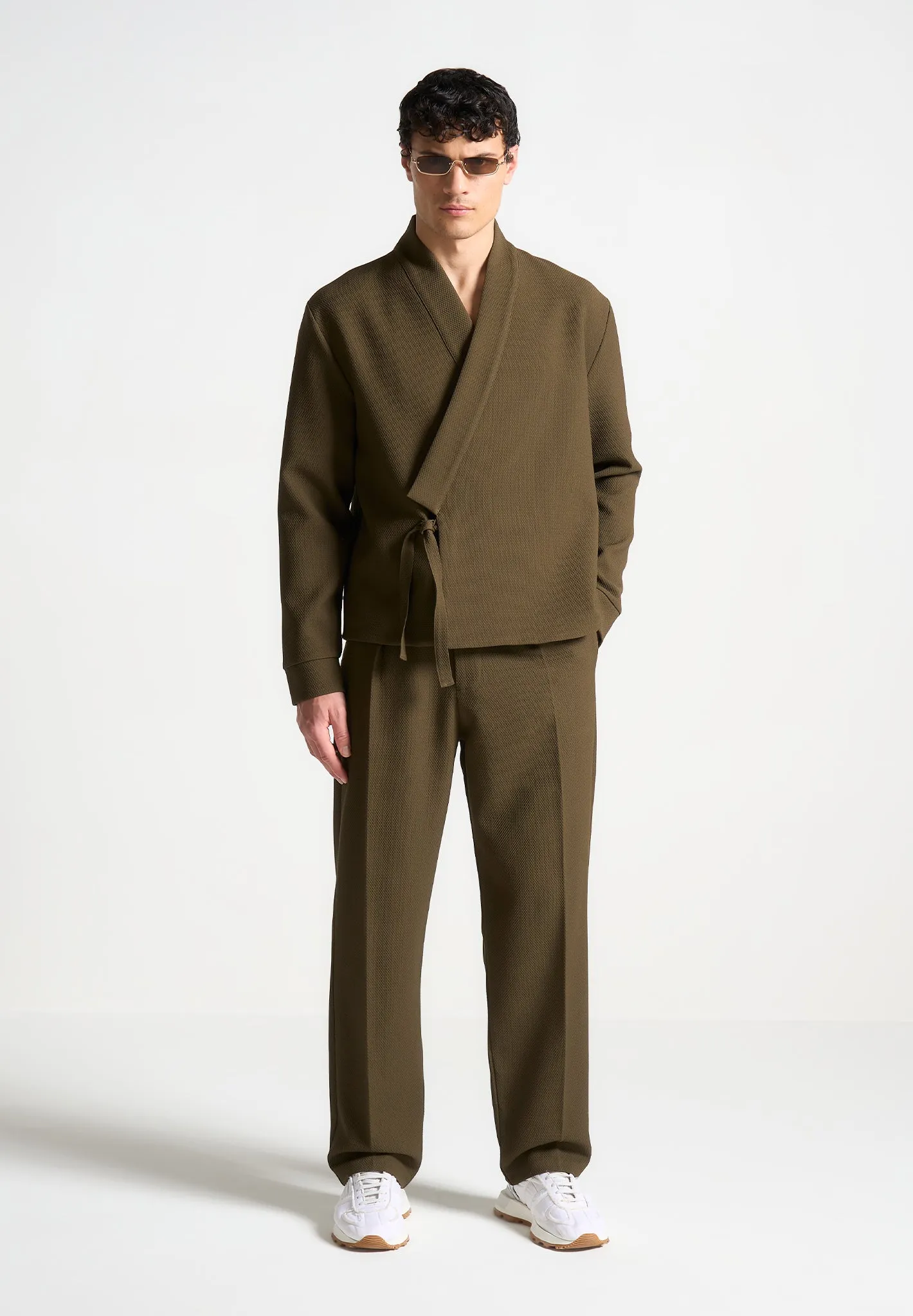 Relaxed Fit Textured Belted Tailored Trousers - Khaki