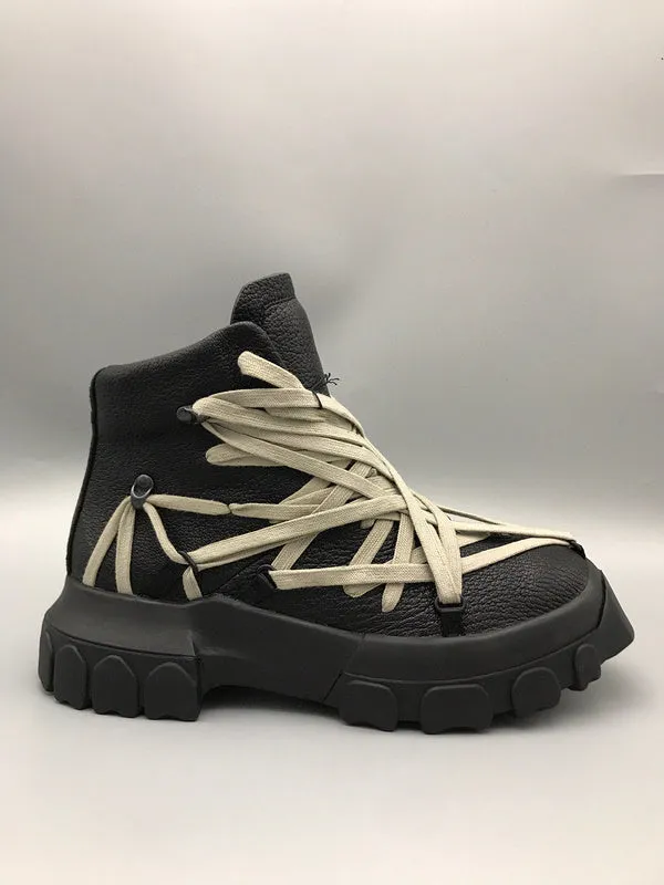 Rick Owens Black High-Top Sneakers with Beige Straps