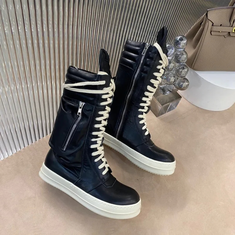 Rick Owens High-Top Leather Boots - Black and Cream