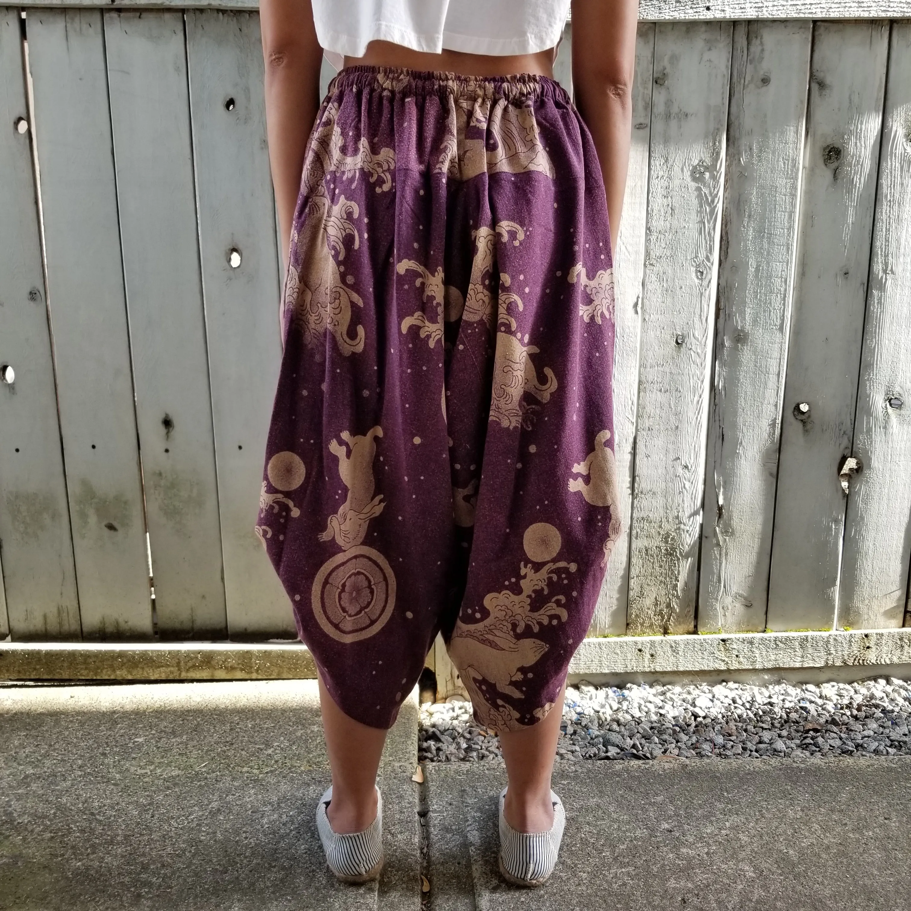 S-XL Purple Bunny Waves Elastic Waist Drawstrings Samurai Pants