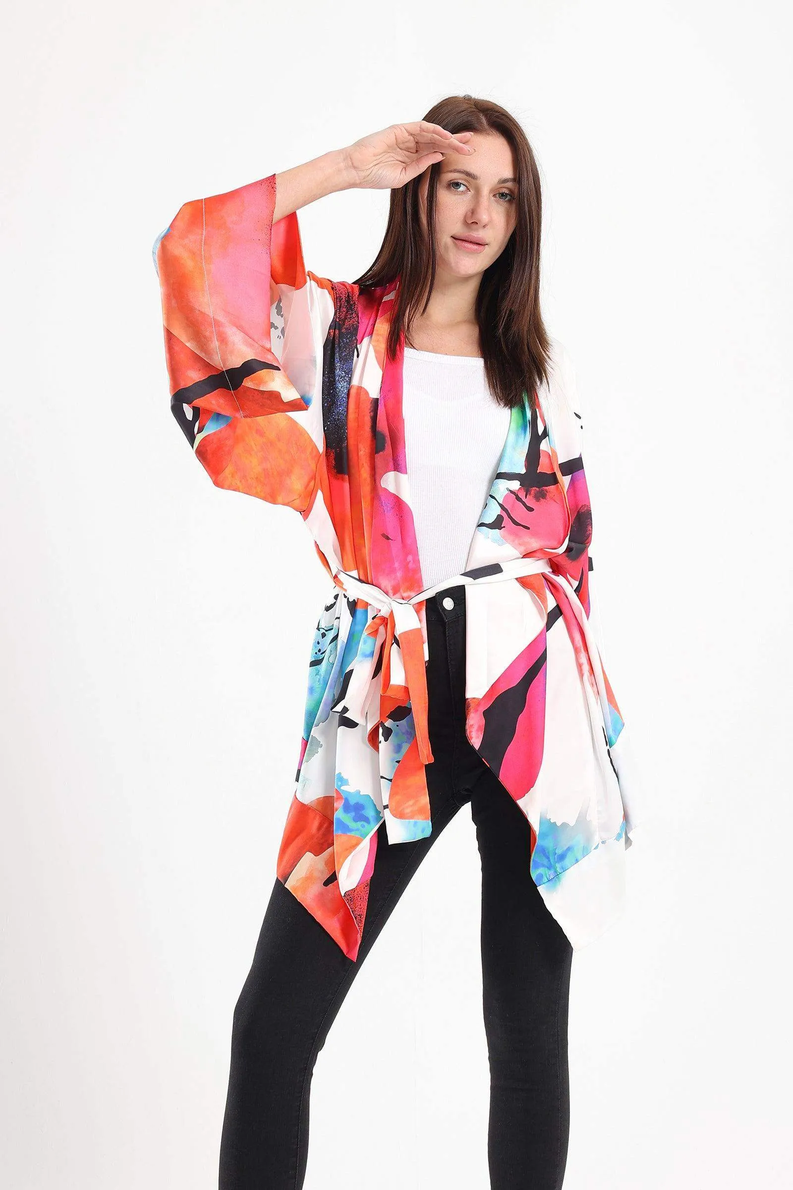 Satin Overall Print Kimono