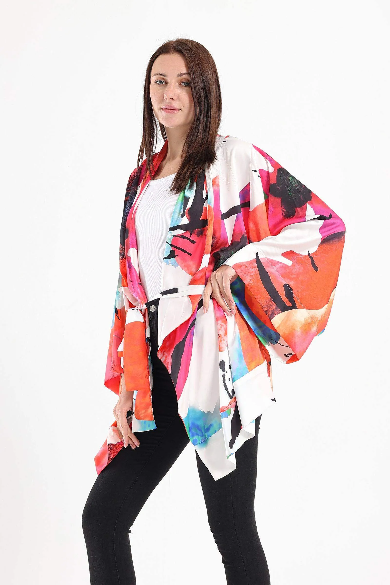 Satin Overall Print Kimono