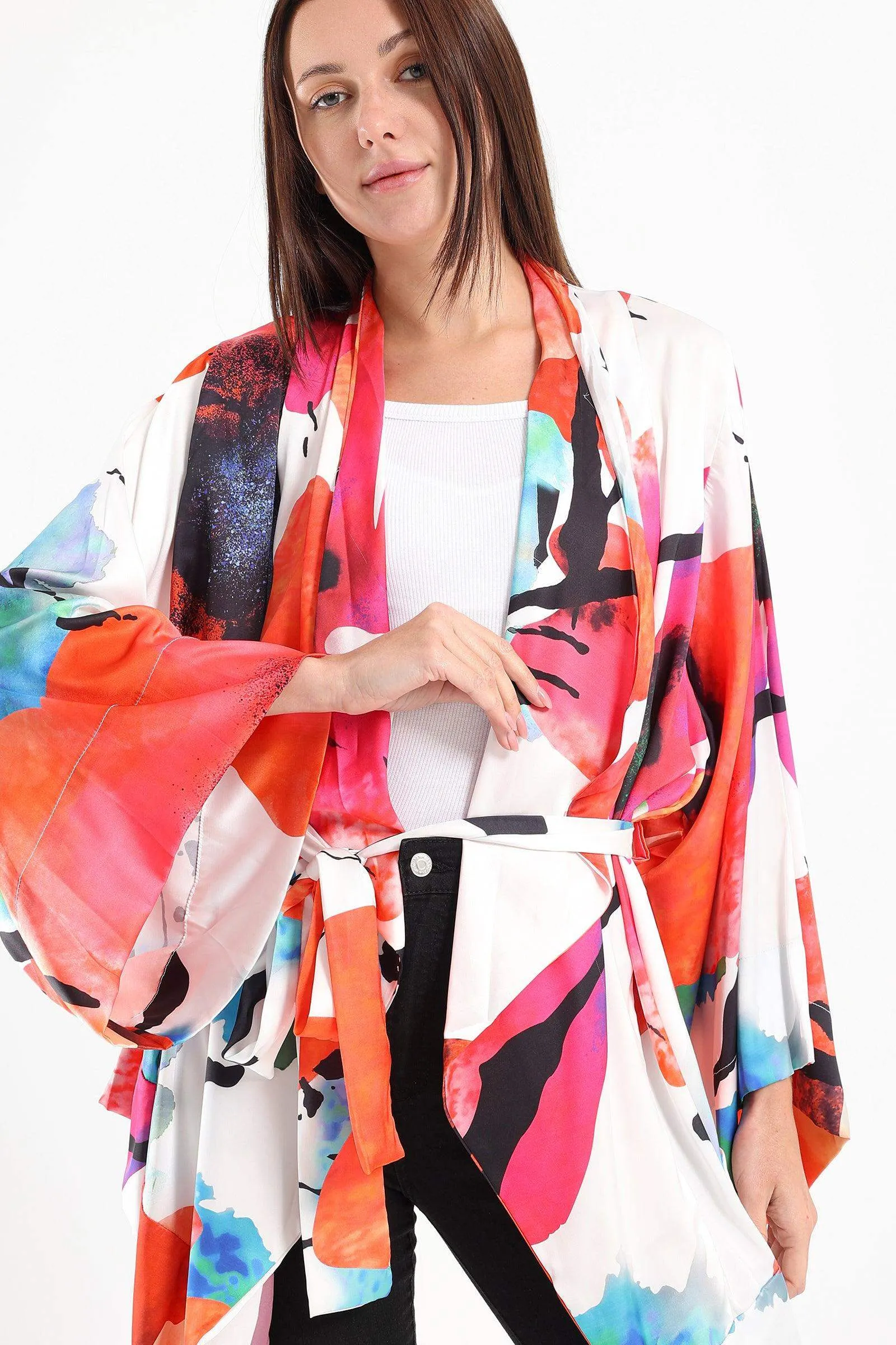 Satin Overall Print Kimono