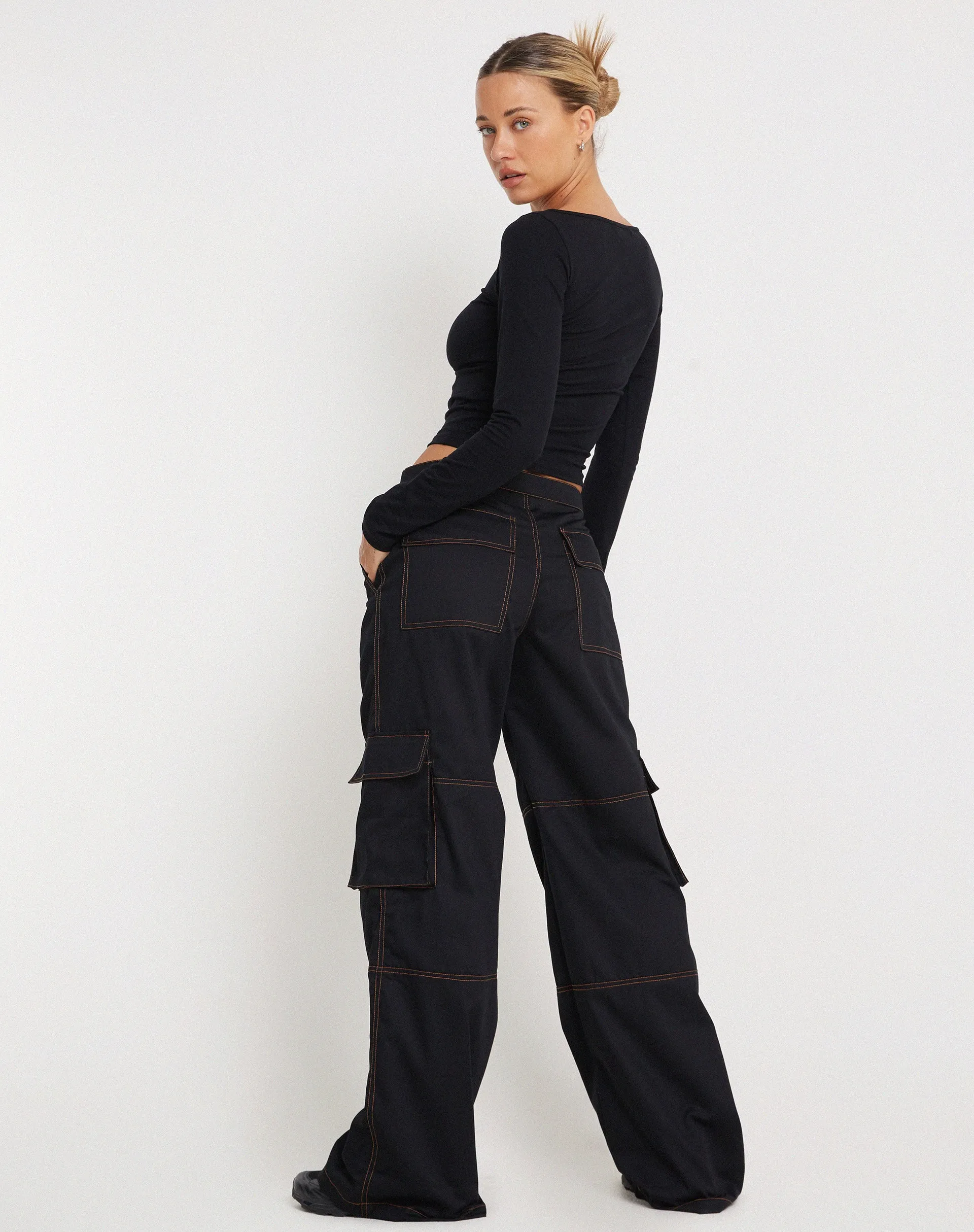 Saul Wide Leg Cargo Trouser in Black with Orange Stitching