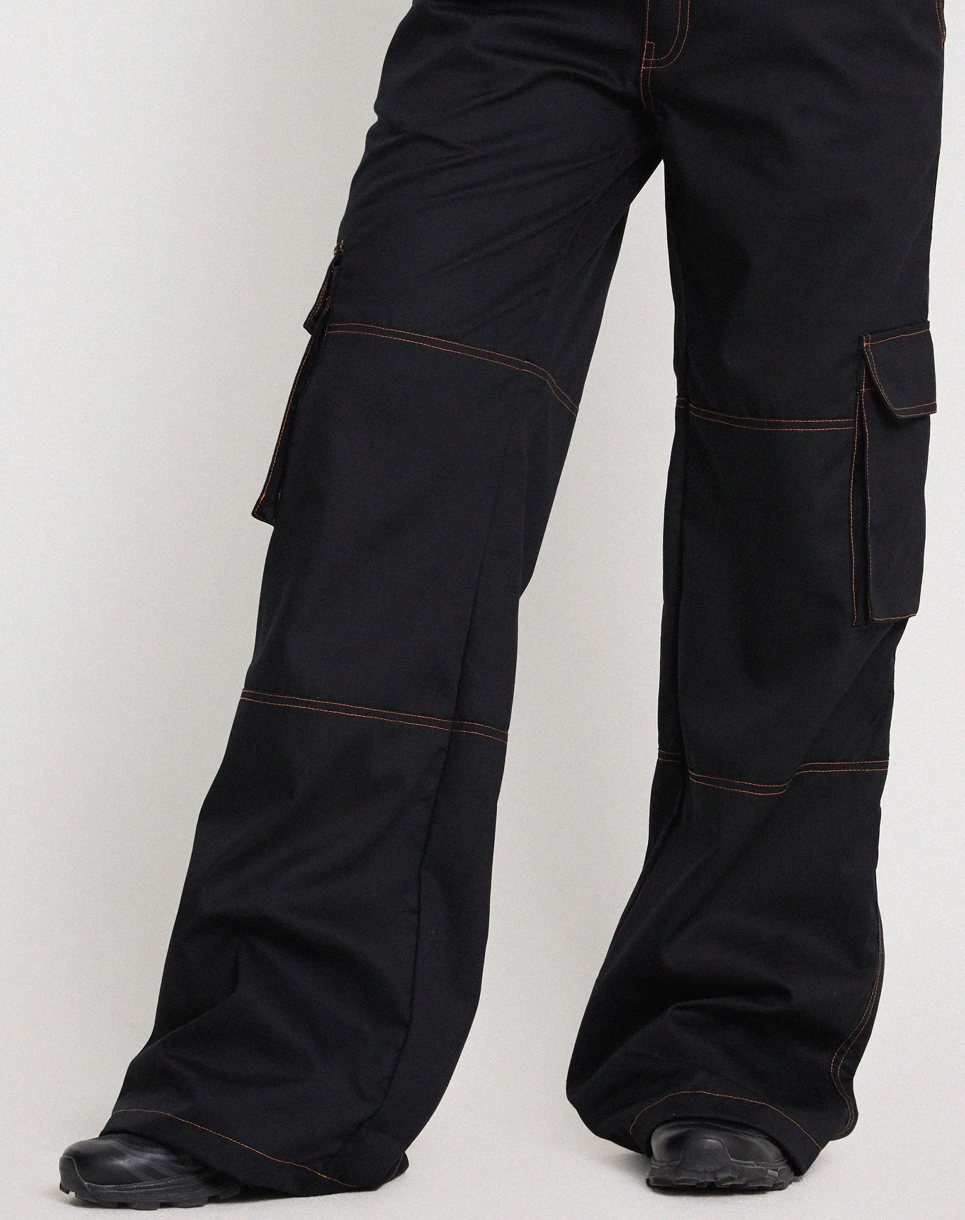 Saul Wide Leg Cargo Trouser in Black with Orange Stitching