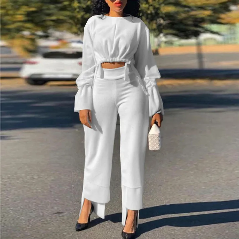 Short Top Casual High Waist Straight Pants Suit