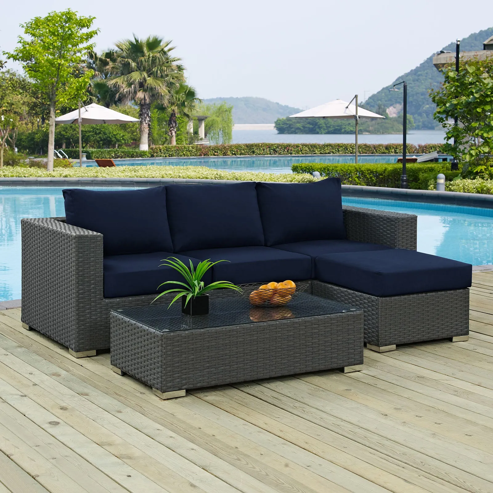 Sojourn 3 Piece Outdoor Patio Sunbrella® Sectional Set Canvas Navy EEI-1889-CHC-NAV-SET