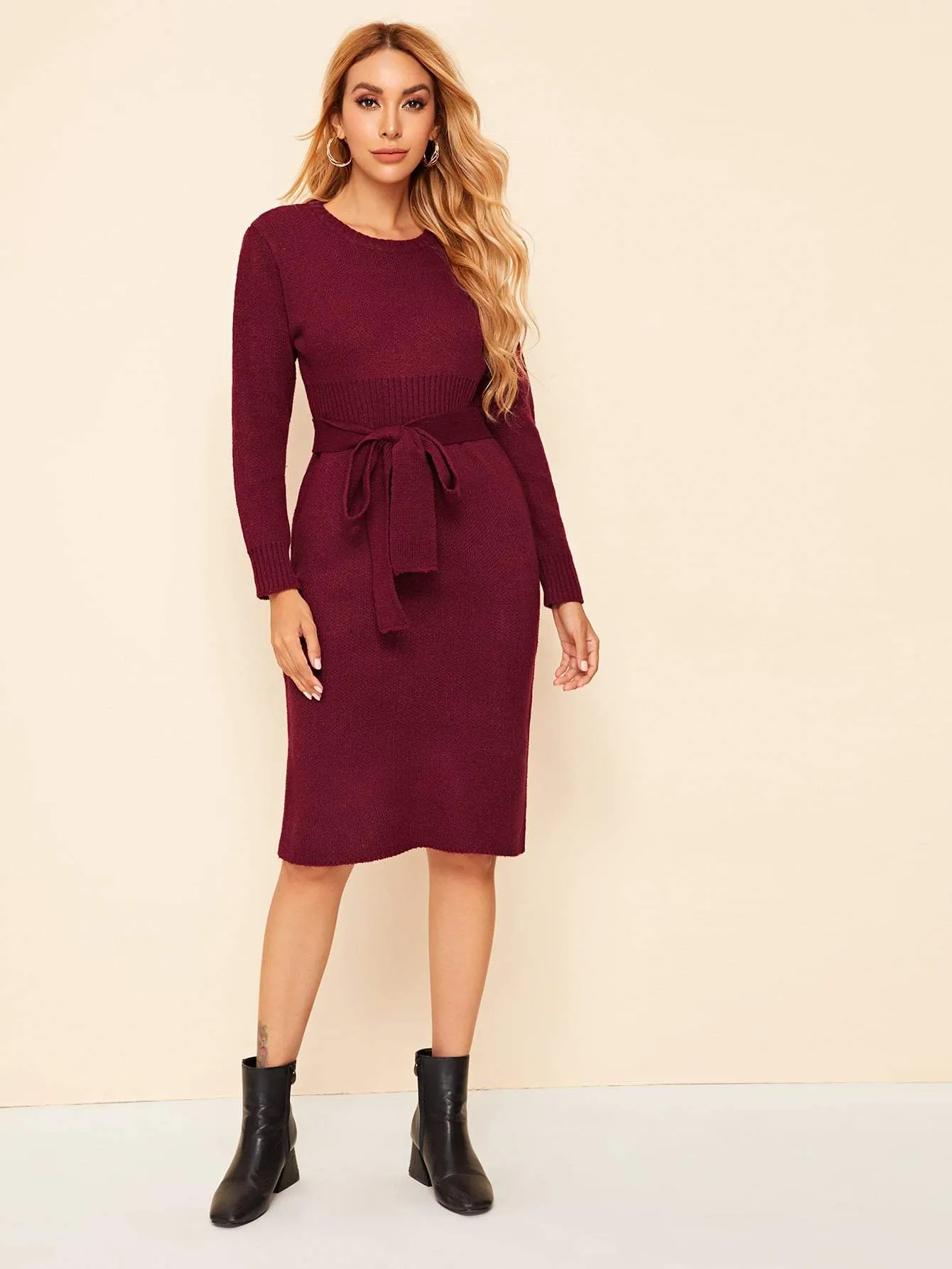 Solid Round Neck Belted Fitted Jumper Dress