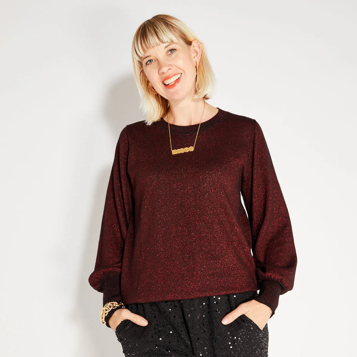 Sparkly Burgundy Balloon Sleeve Jumper