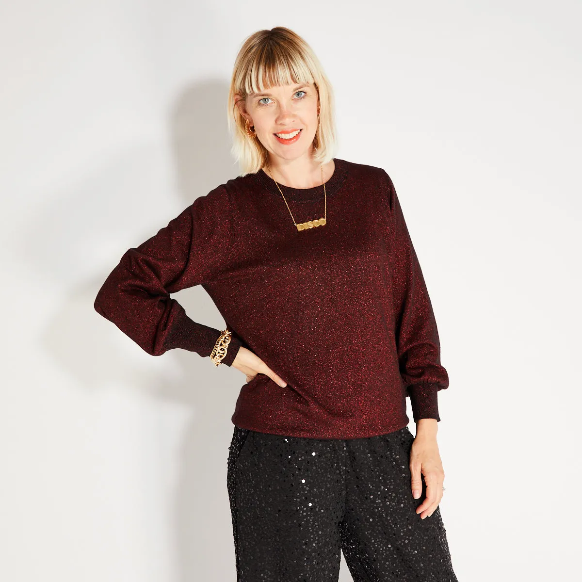 Sparkly Burgundy Balloon Sleeve Jumper