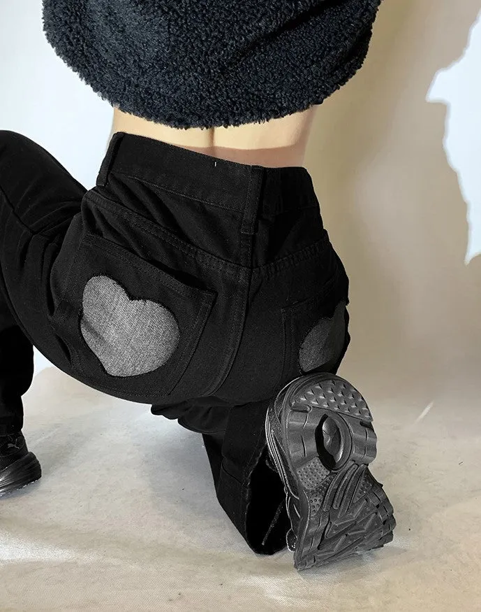 Street Black & Gray Heart High Waist Jeans Pants