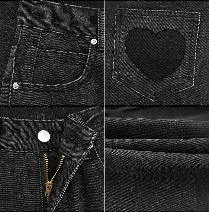 Street Black & Gray Heart High Waist Jeans Pants