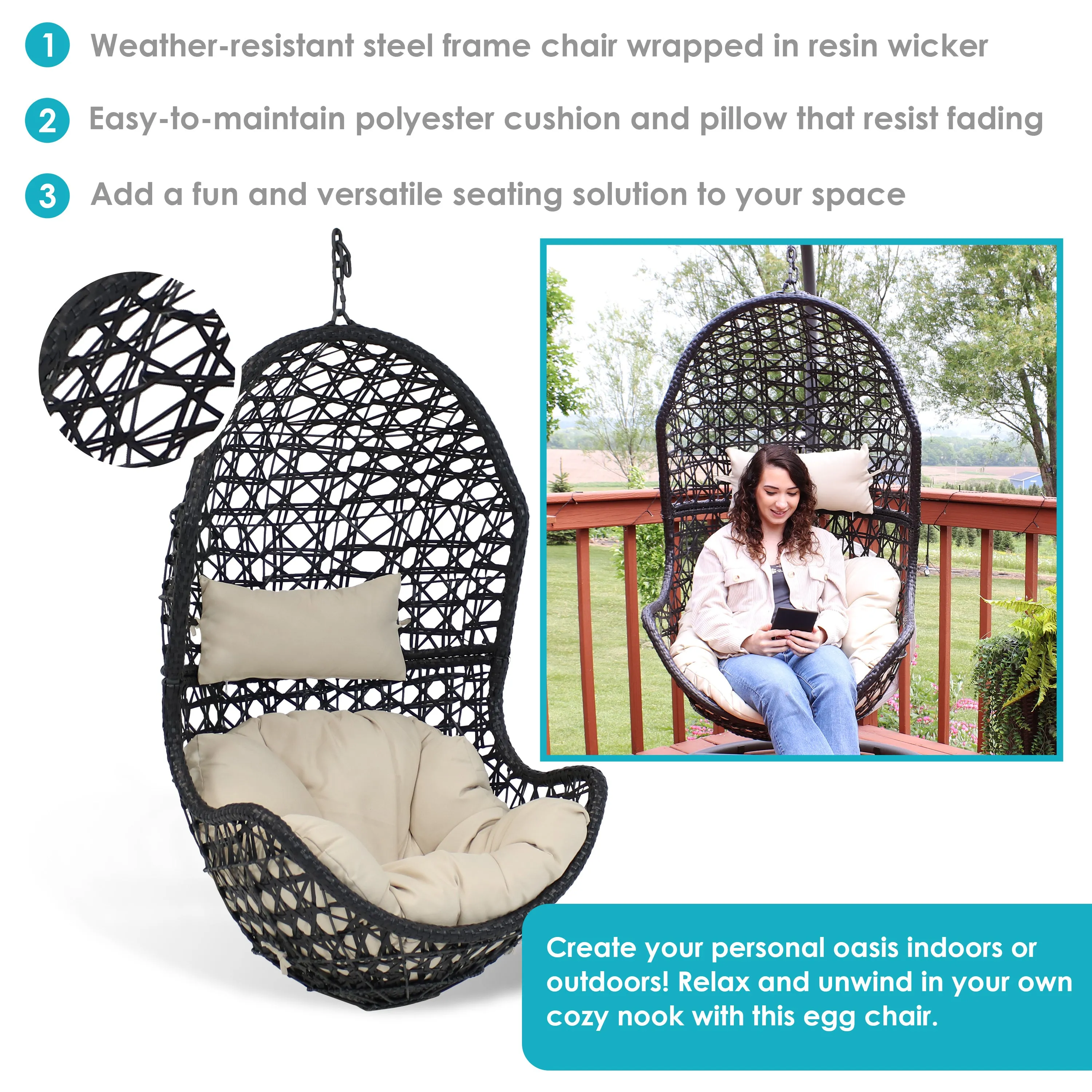 Sunnydaze Cordelia Outdoor Hanging Egg Chair with Cushion