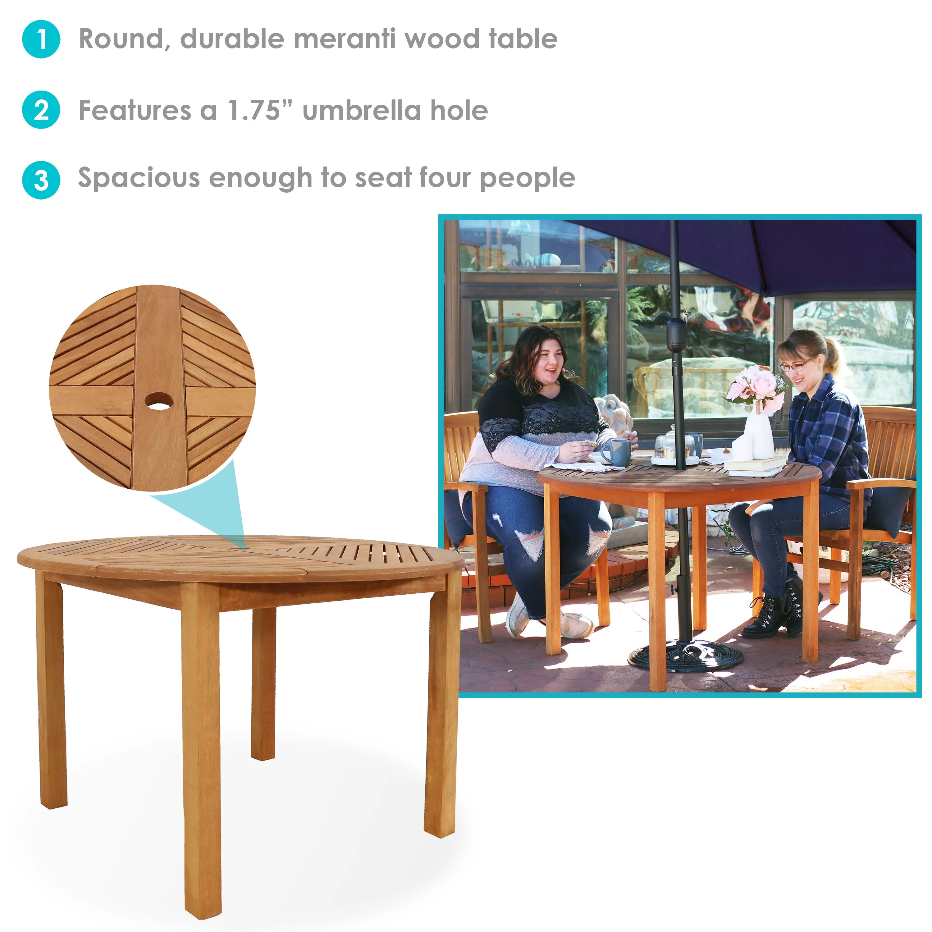 Sunnydaze Meranti Wood Outdoor Dining Table with Teak Oil Finish - 42"