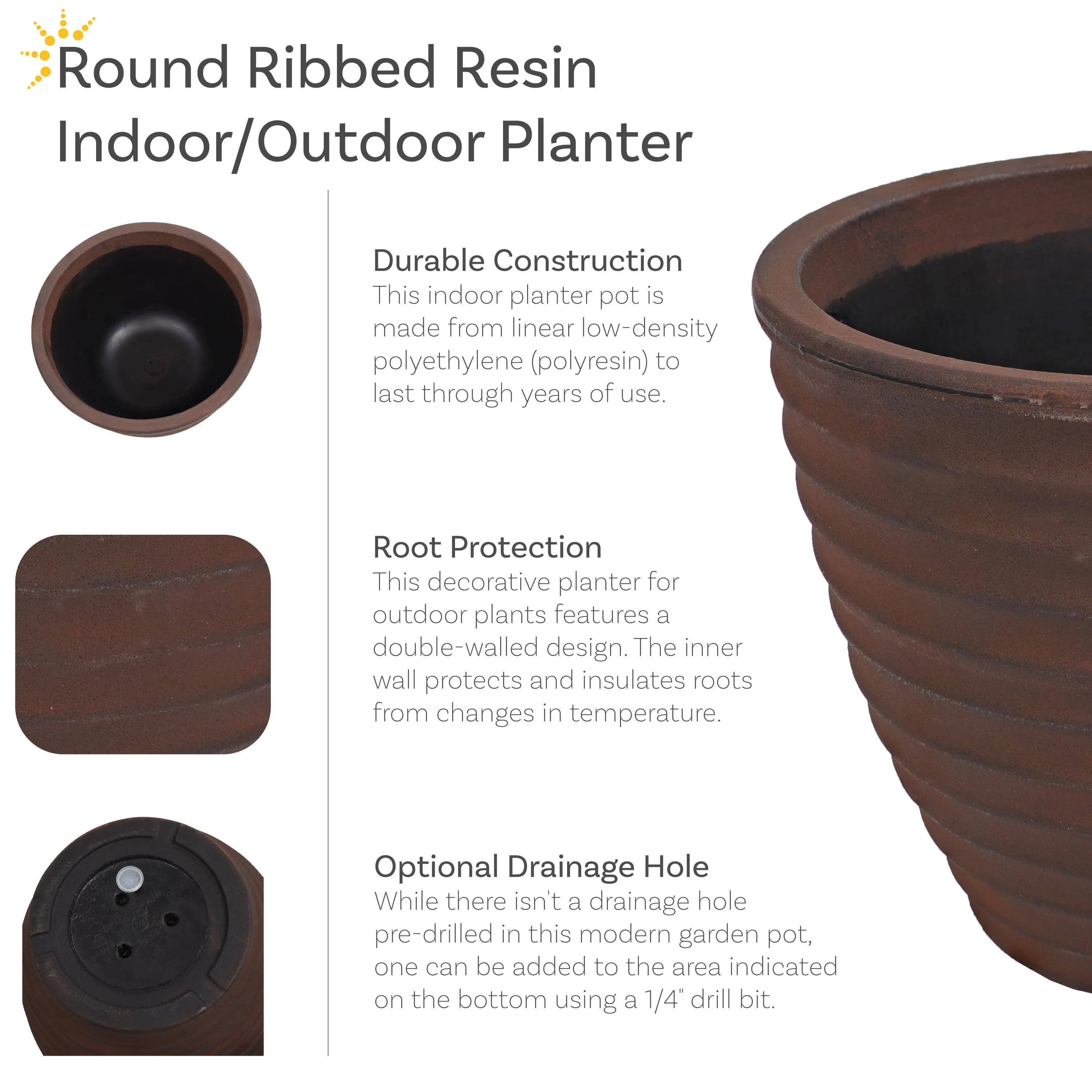 Sunnydaze Polyresin Ribbed Outdoor Plant Pot - Rust